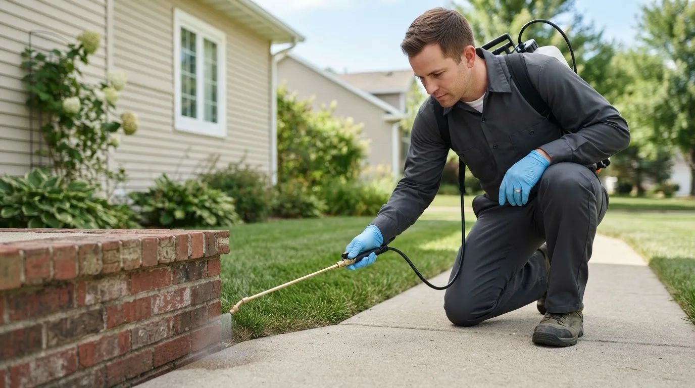 Pest control technician treating a home near Stilesville, IN