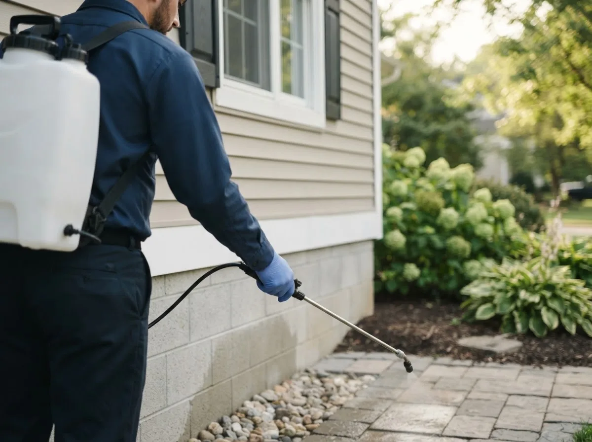 Pest control technician inspecting a home in Stilesville, IN